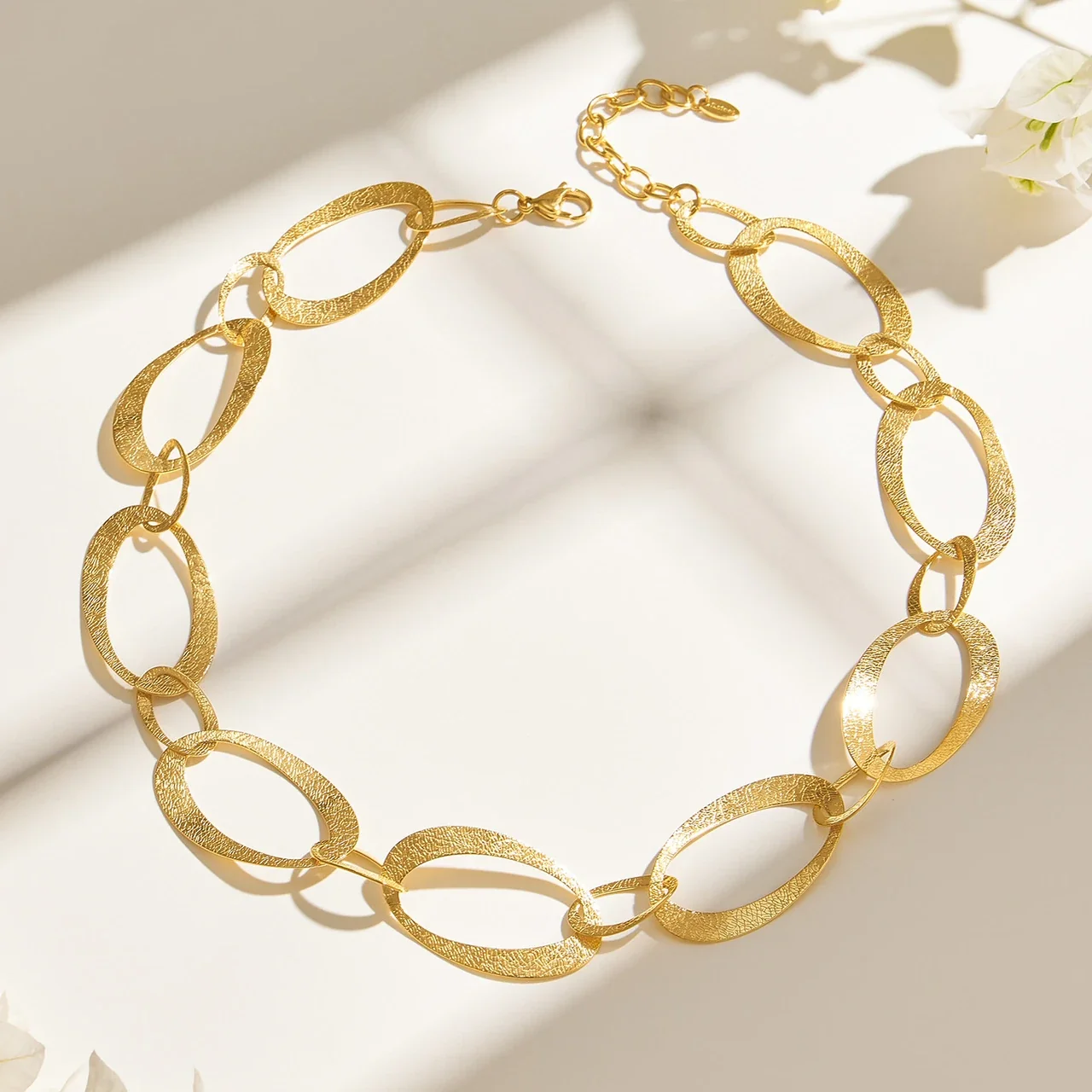 Chain Necklace with Hammered Oval Links, 18K Gold-Plated Steel