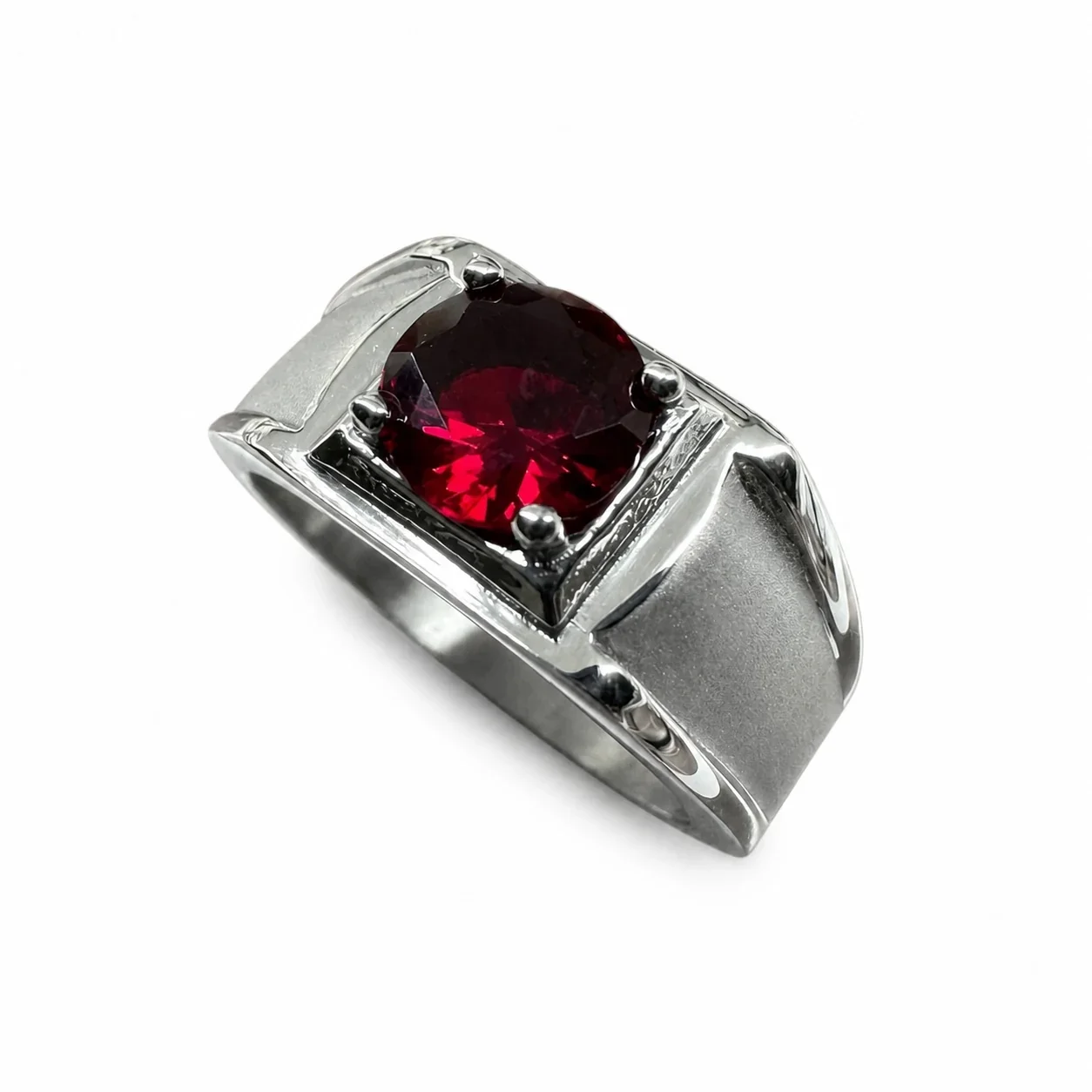 Bold 316 Stainless Steel Round CZ Signet Ring - Red Sandblasted
