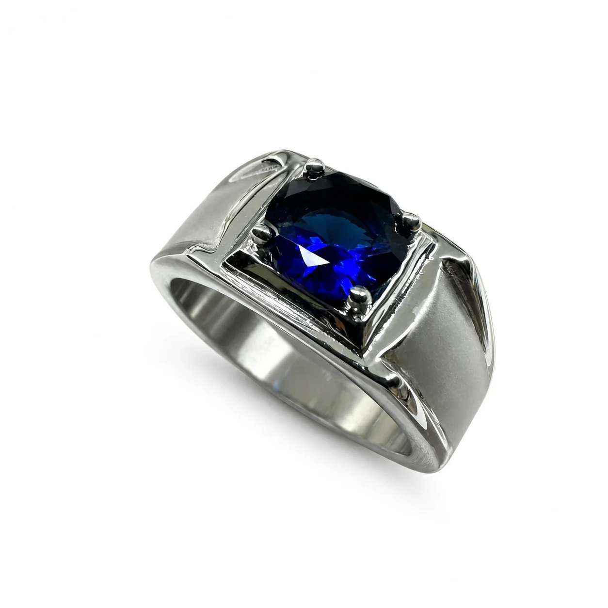 Bold 316 Stainless Steel Round CZ Signet Ring - Blue Sandblasted