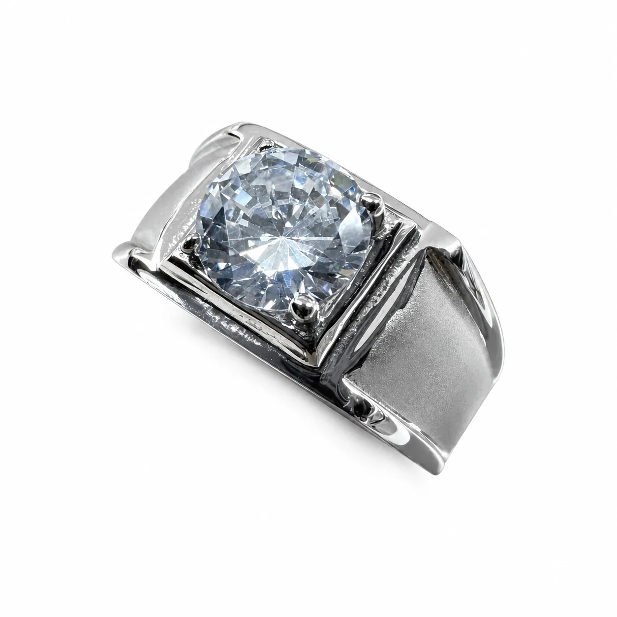 Bold 316 Stainless Steel Round CZ Signet Ring - Clear Sandblasted