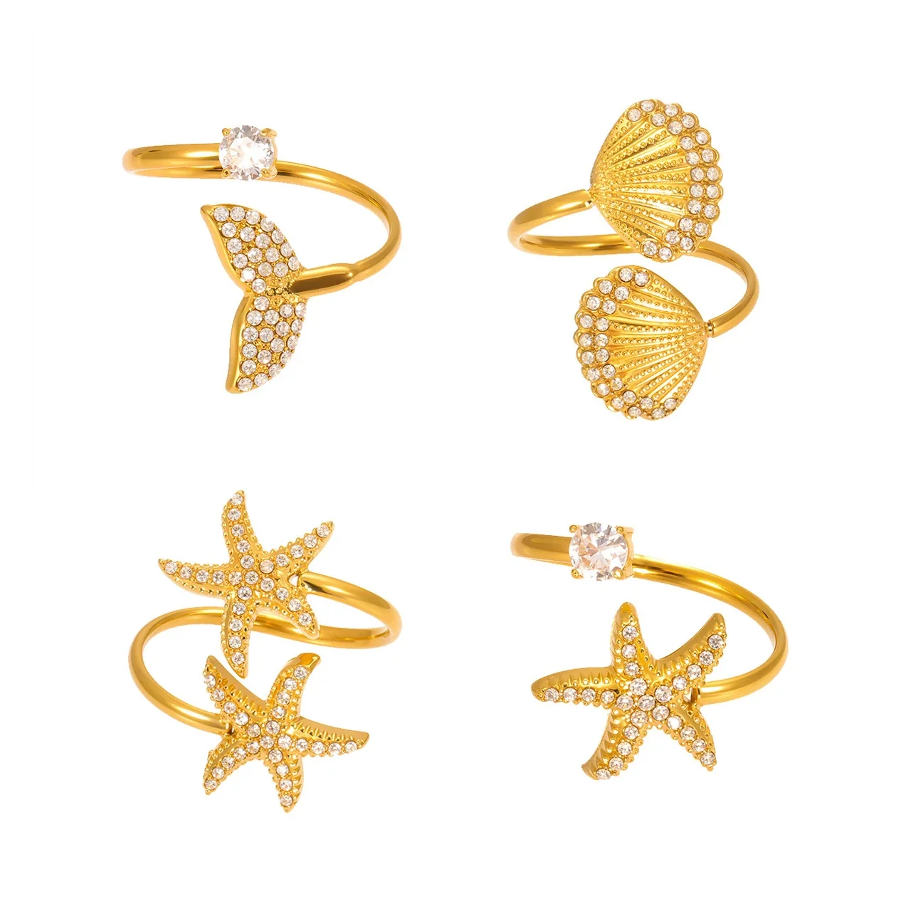 Oceanic 18K Gold-Plated Starfish Pavé Open Ring