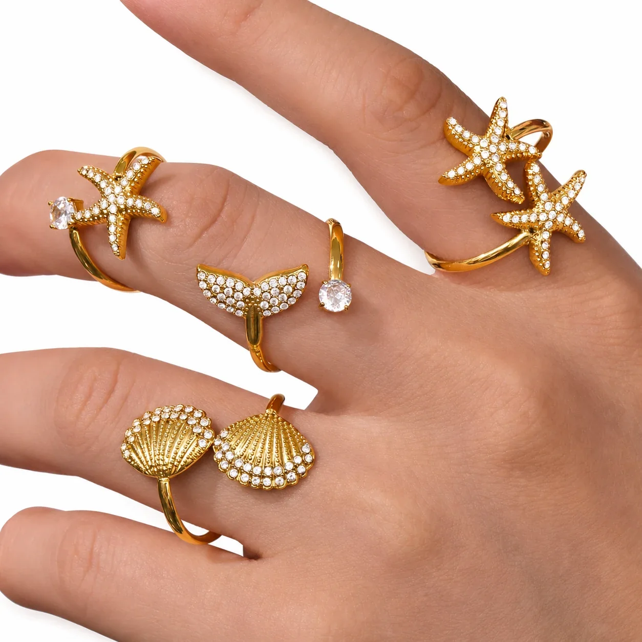 Oceanic 18K Gold-Plated Starfish Pavé Open Ring