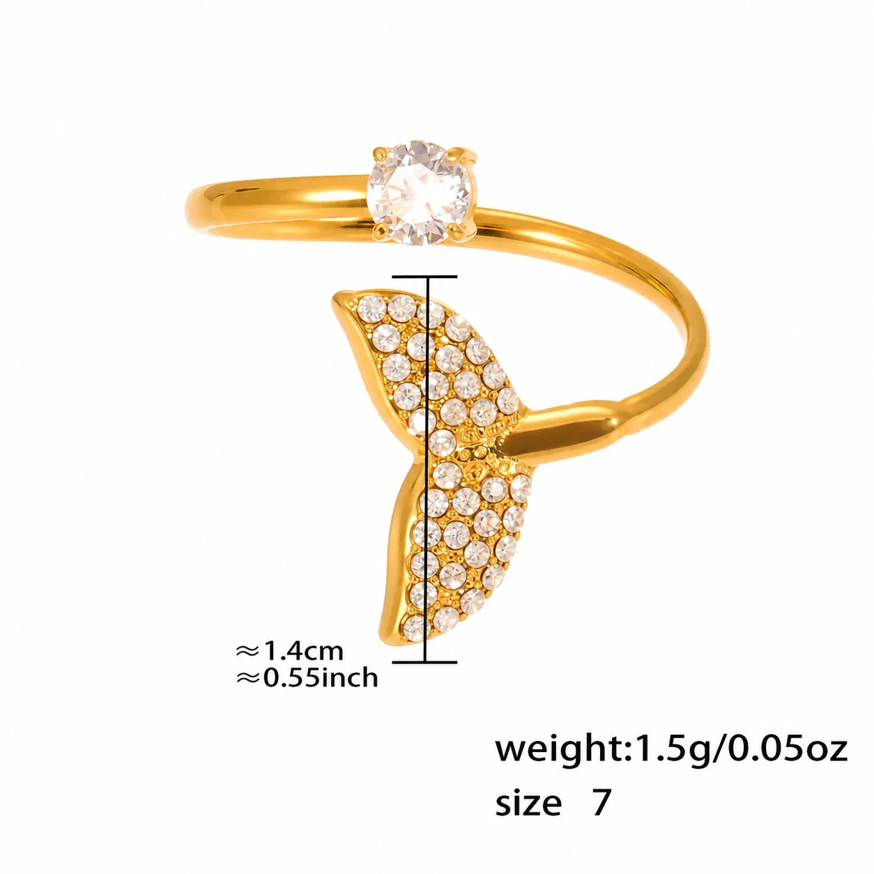 Oceanic 18K Gold-Plated Starfish Pavé Open Ring - Silver Fishtail CZ Size