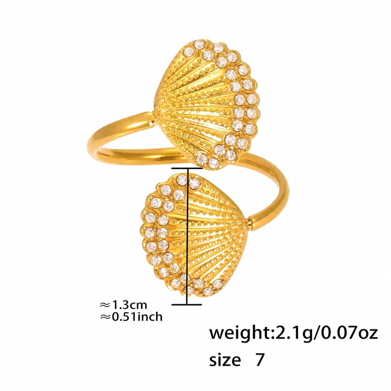 Oceanic 18K Gold-Plated Starfish Pavé Open Ring - Gold Double Shell CZ Size