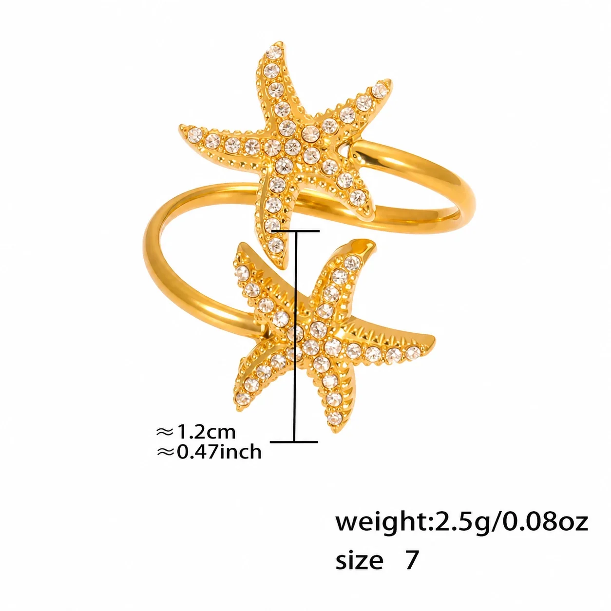 Oceanic 18K Gold-Plated Starfish Pavé Open Ring - Gold Double Starfish CZ Size