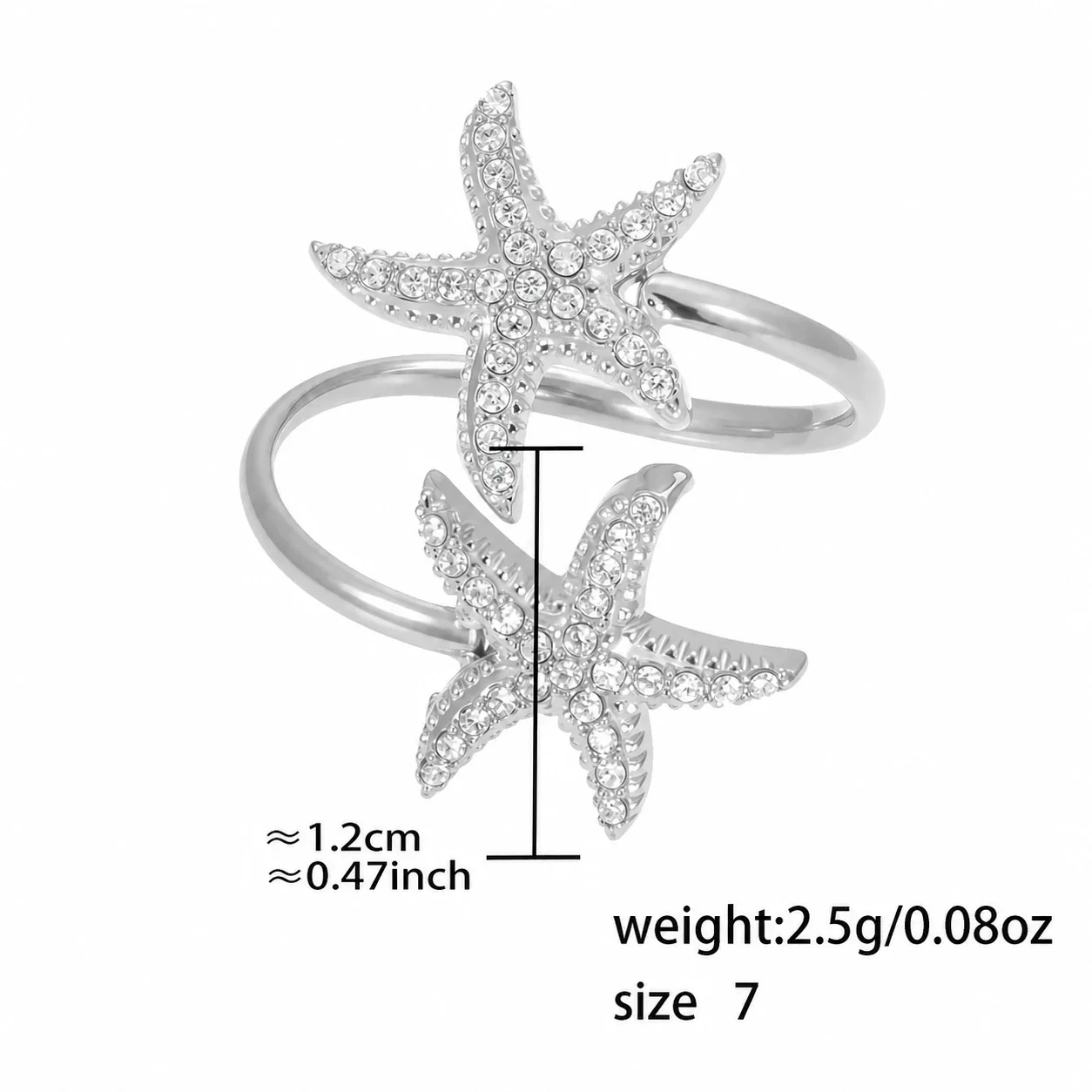 Oceanic 18K Gold-Plated Starfish Pavé Open Ring - Silver Double Starfish CZ Size