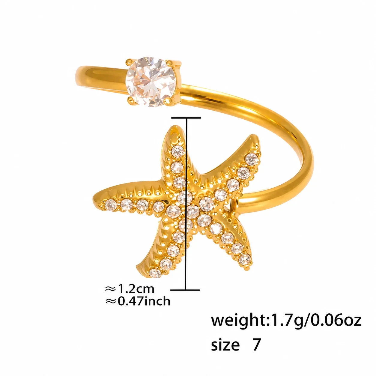 Oceanic 18K Gold-Plated Starfish Pavé Open Ring - Silver Starfish CZ Size