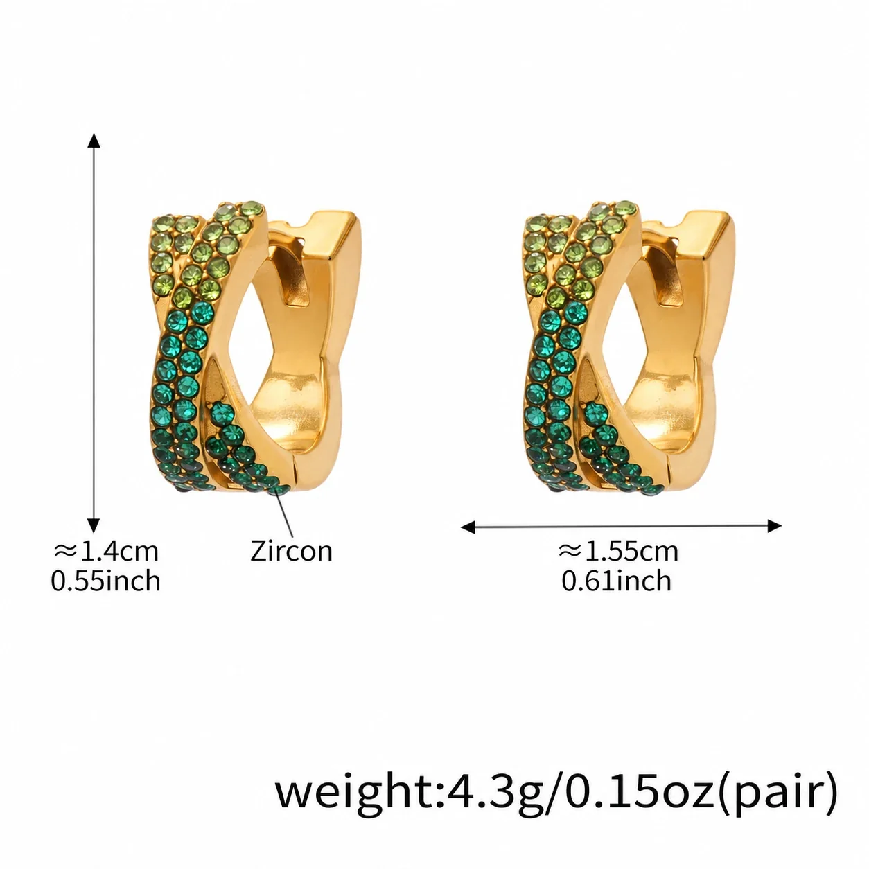 Vivid 18K Gold-Plated Pavé X-Hoop Earrings - Green Medium