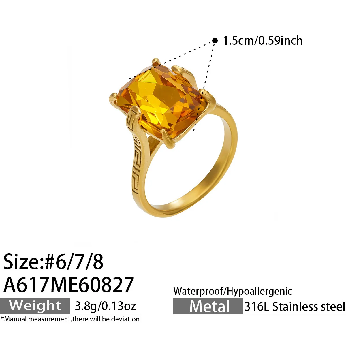 Produktfoto: Ring mit gelbem Glasstein im Smaragdschliff, griechischem Mäander, Edelstahl 316