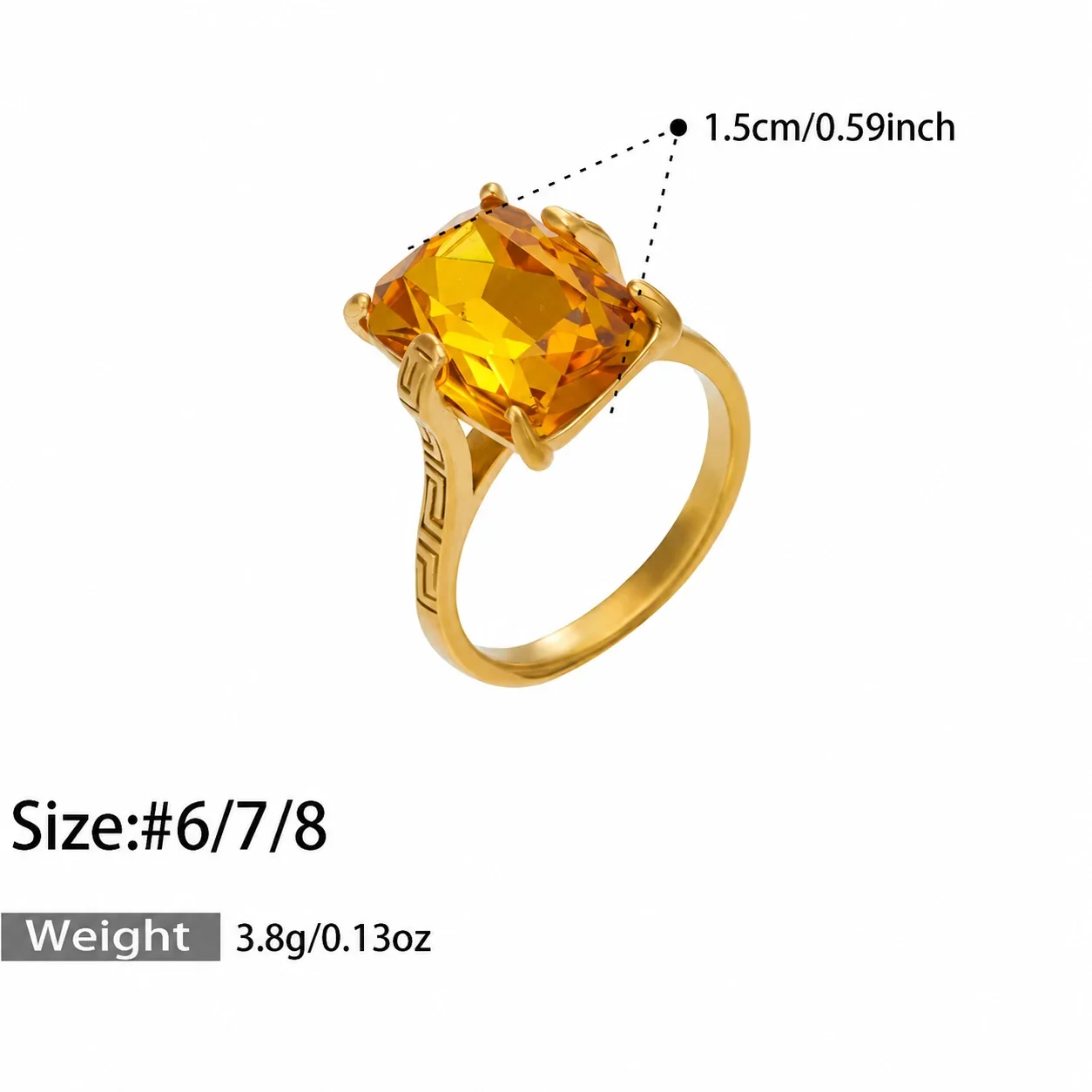 Produktfoto: Ring mit gelbem Glasstein im Smaragdschliff, griechischem Mäander, Edelstahl 316