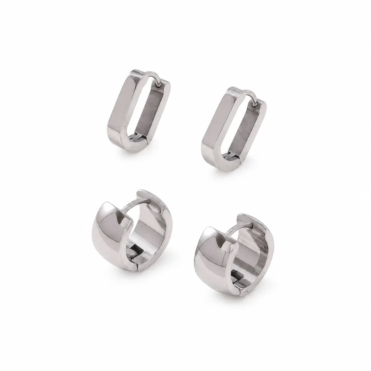 Hoop Earrings Wide Dome Two-Pair 316 Stainless Steel Gold PVD - Silver