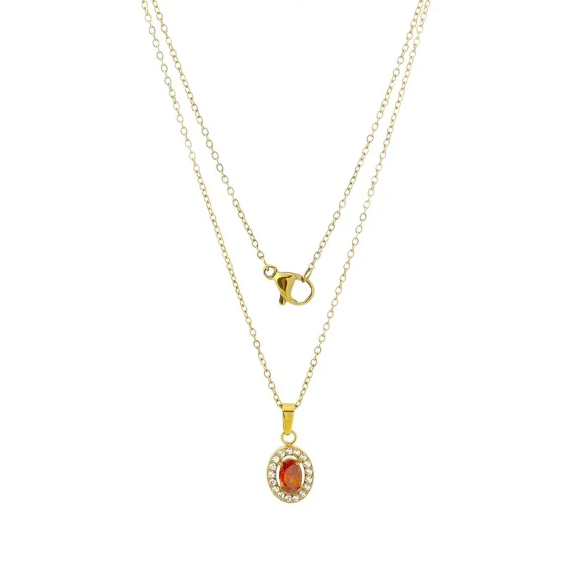 Strahlende 18K vergoldete Edelstahl-Halskette mit ovalem Zirkonia-Halo - 316 - PVD