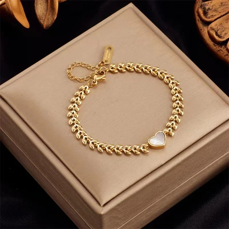Heart Shell Wheat-Chain 18K Gold-Plated Stainless Steel Bracelet