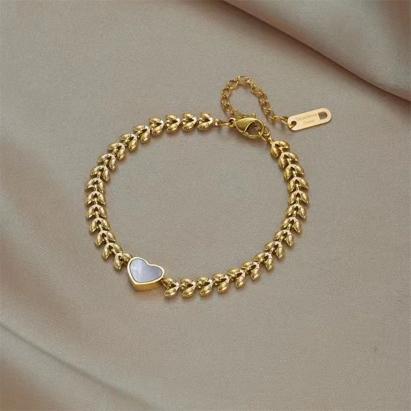 Heart Shell Wheat-Chain 18K Gold-Plated Stainless Steel Bracelet