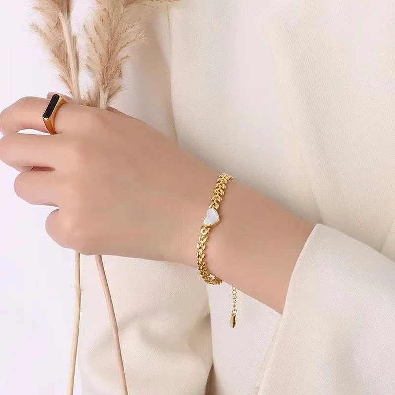 Heart Shell Wheat-Chain 18K Gold-Plated Stainless Steel Bracelet
