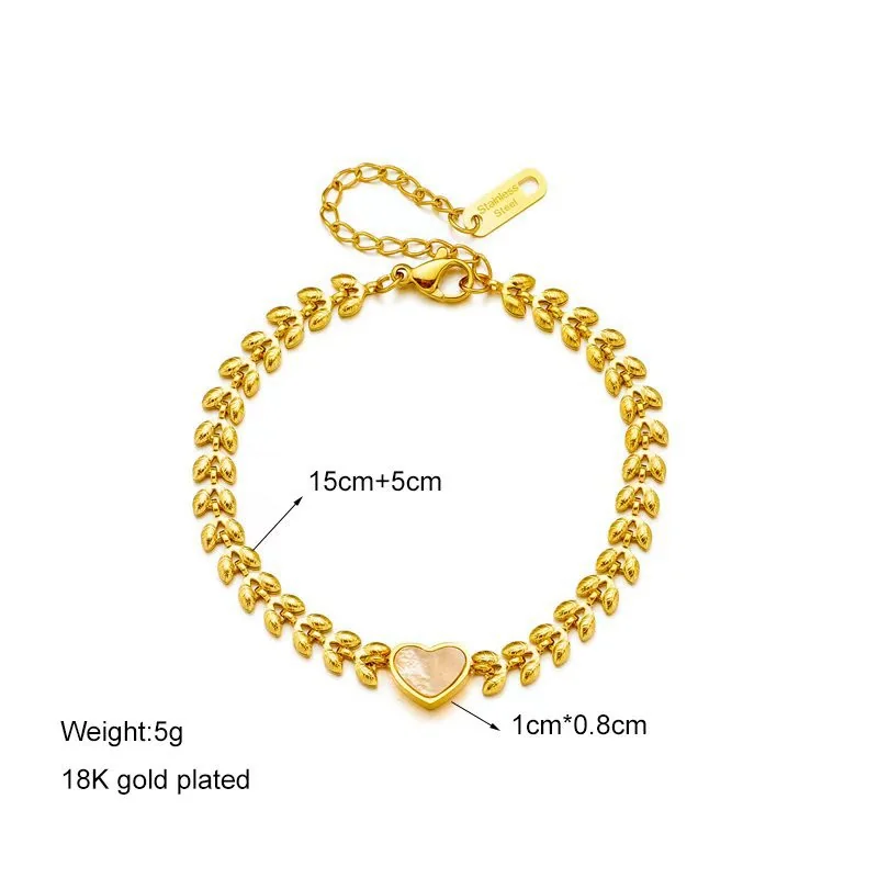 Heart Shell Wheat-Chain 18K Gold-Plated Stainless Steel Bracelet - Dimensions
