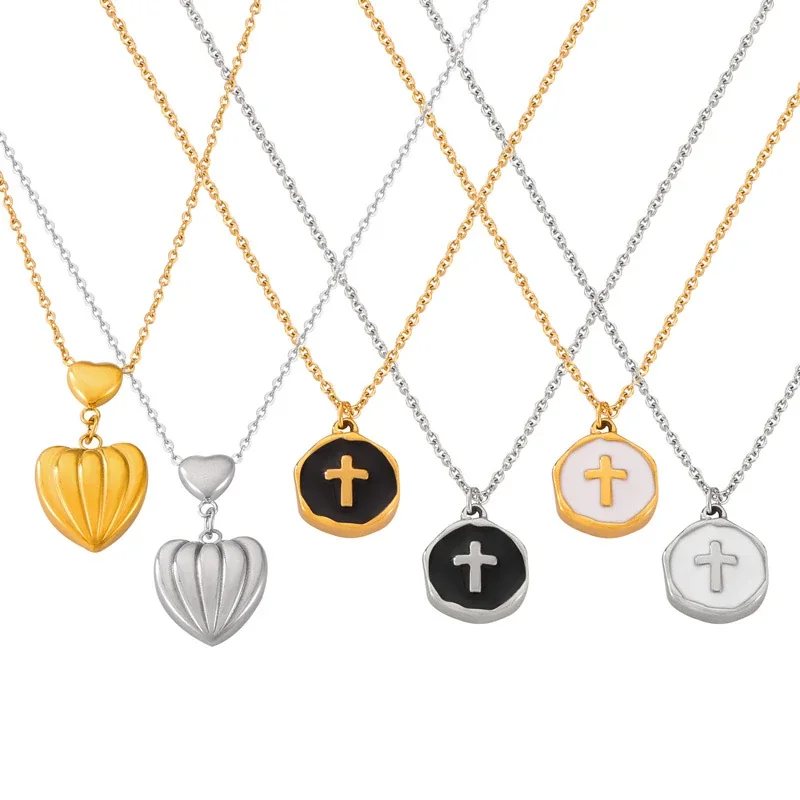 Cross & Ribbed Heart Pendant Necklaces in Stainless Steel
