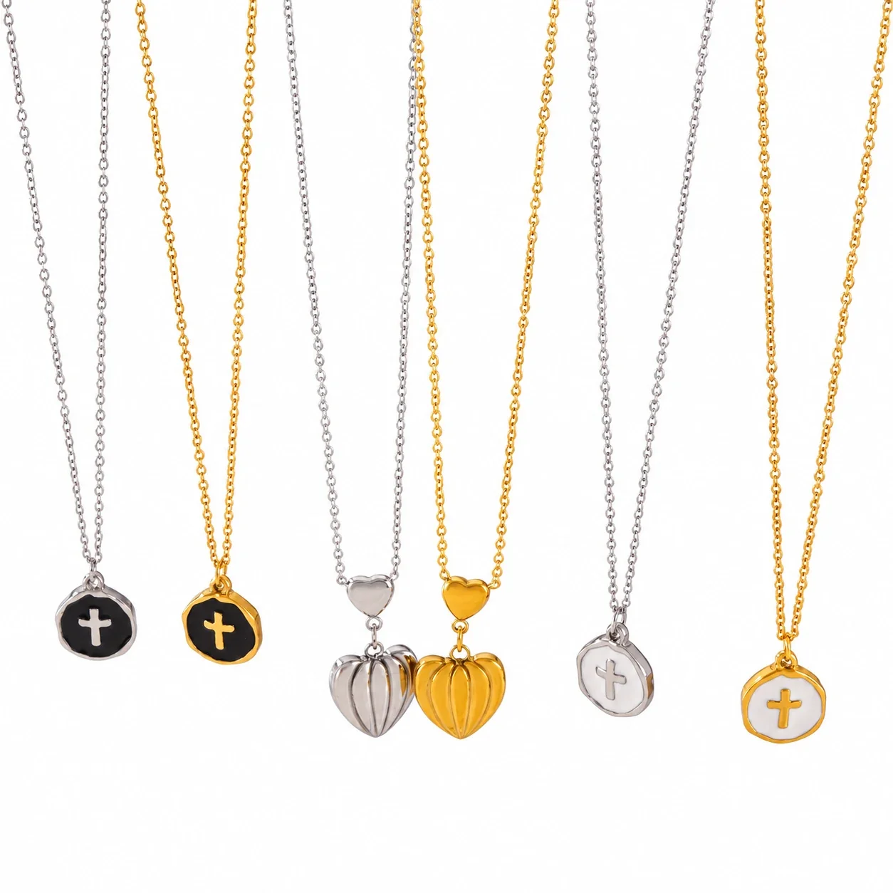 Cross & Ribbed Heart Pendant Necklaces in Stainless Steel