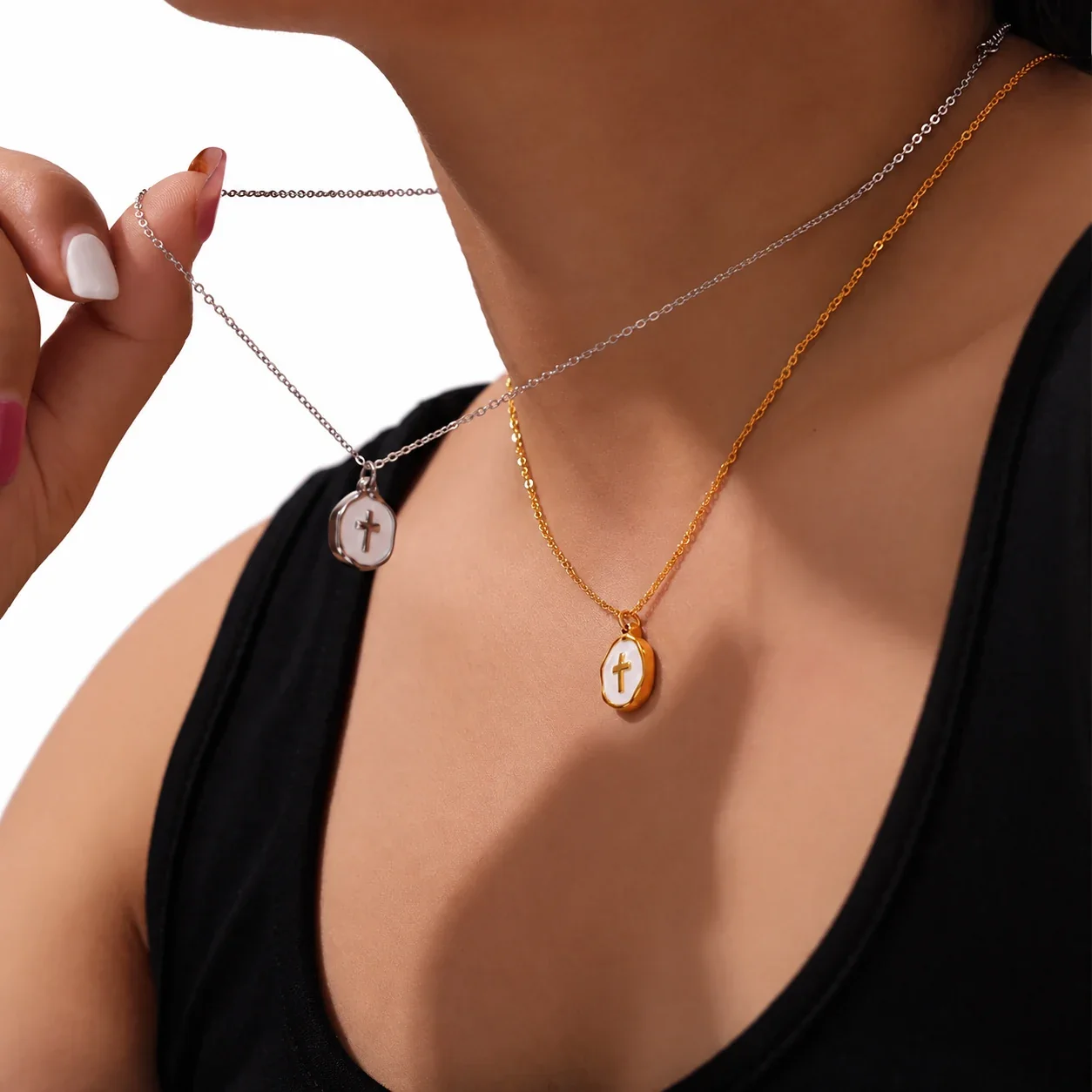 Cross & Ribbed Heart Pendant Necklaces in Stainless Steel