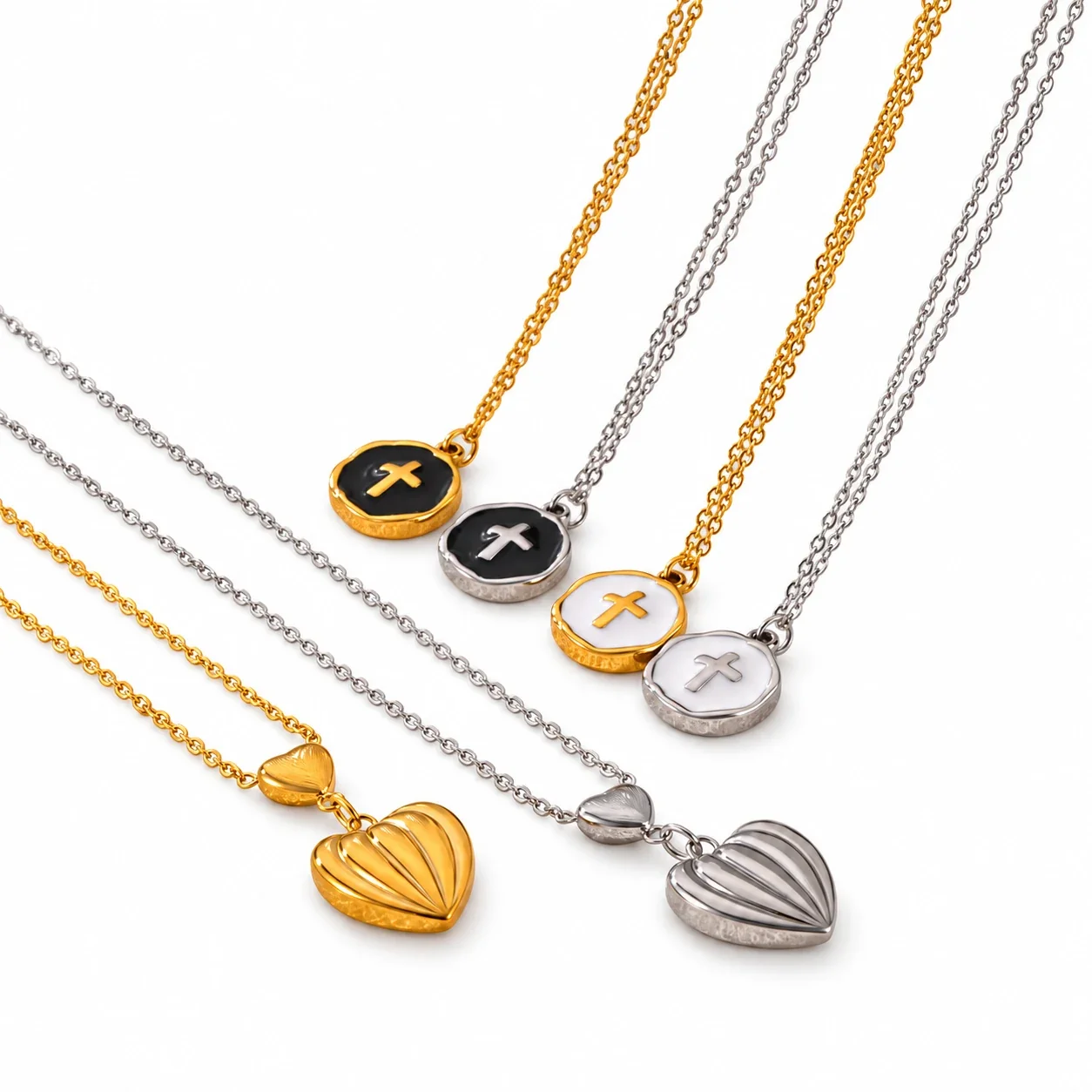 Cross & Ribbed Heart Pendant Necklaces in Stainless Steel