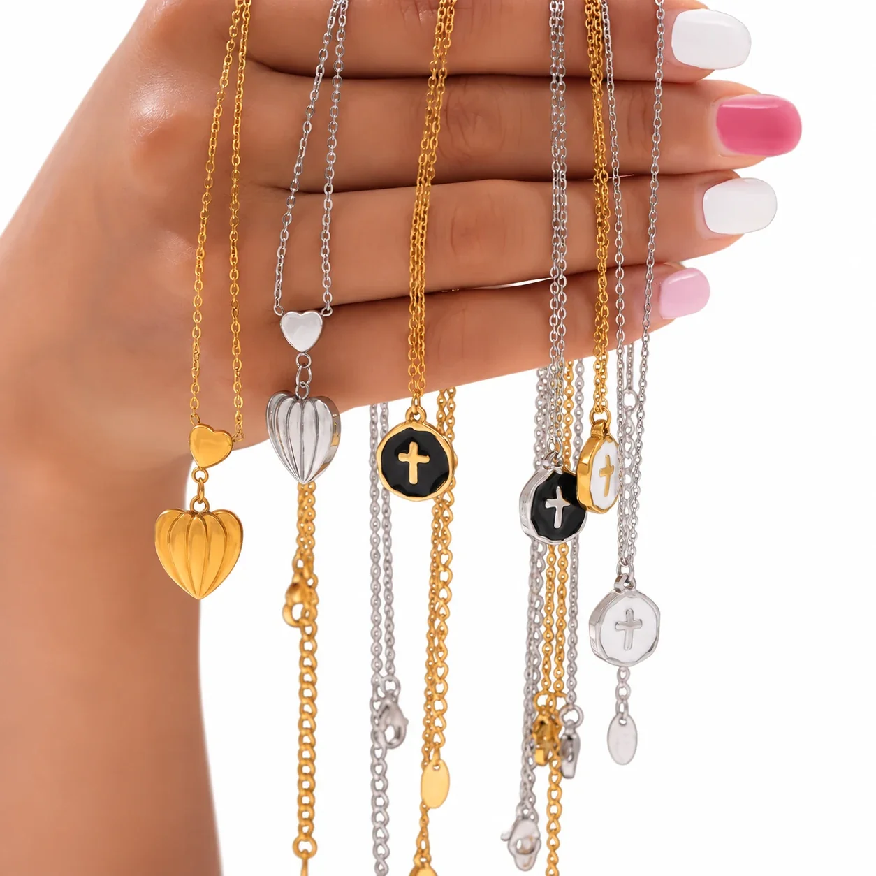 Cross & Ribbed Heart Pendant Necklaces in Stainless Steel