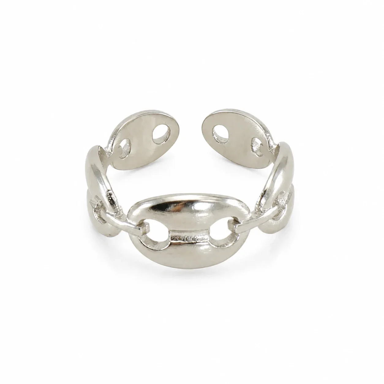 Sculptural Stainless Steel Oval-Link Open Band Ring - Silver