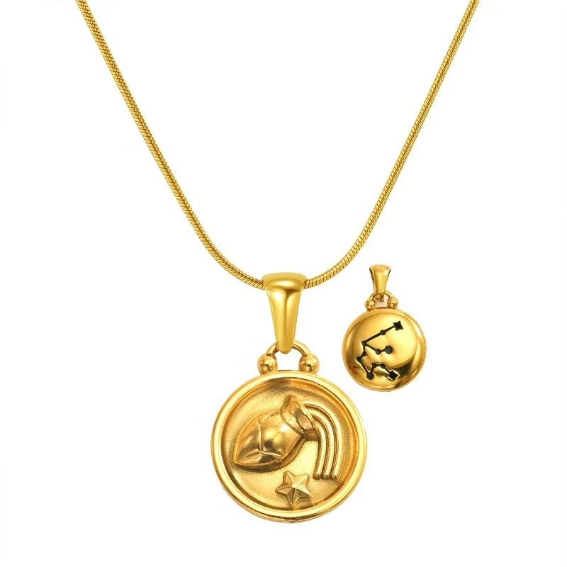 Celestial 18K Gold-Plated Zodiac Coin Snake Chain Necklace - Gold Aquarius Snake