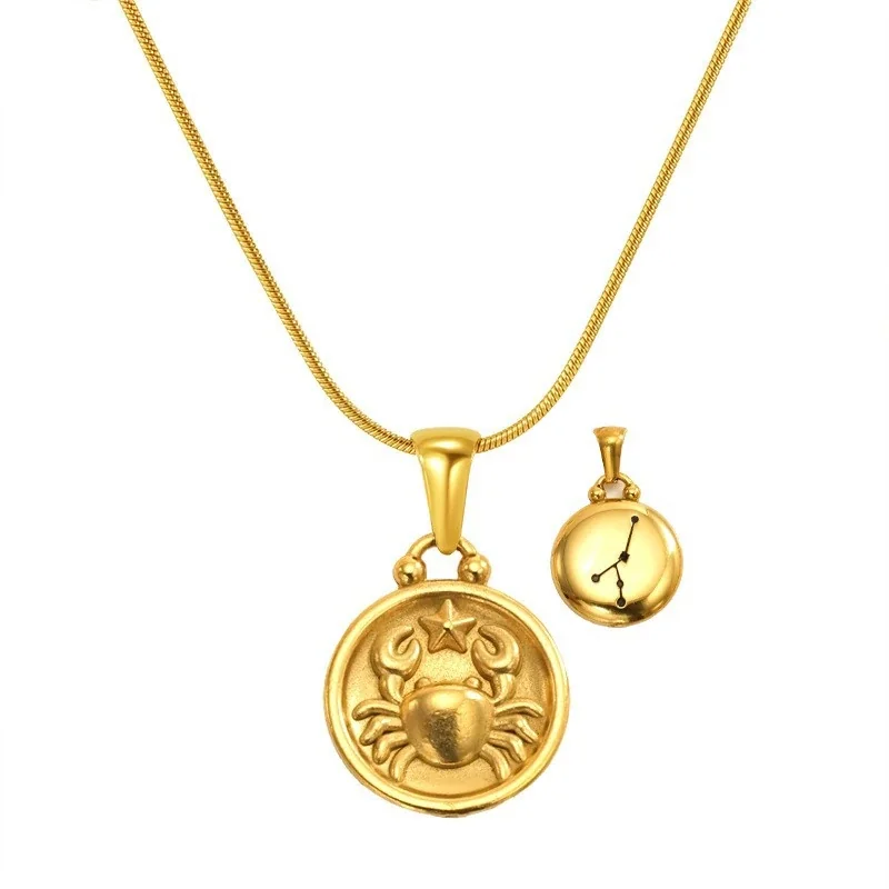 Celestial 18K Gold-Plated Zodiac Coin Snake Chain Necklace - Gold Cancer Snake
