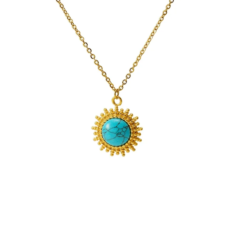 Bohemian Gold-Plated Sunburst Turquoise Pendant Necklace