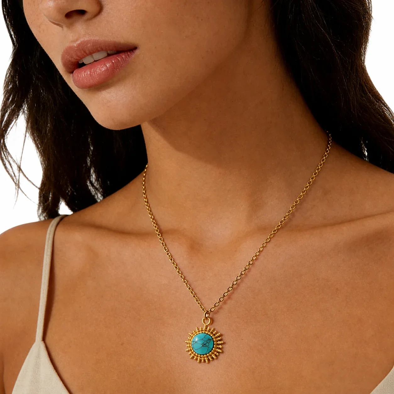 Bohemian Gold-Plated Sunburst Turquoise Pendant Necklace