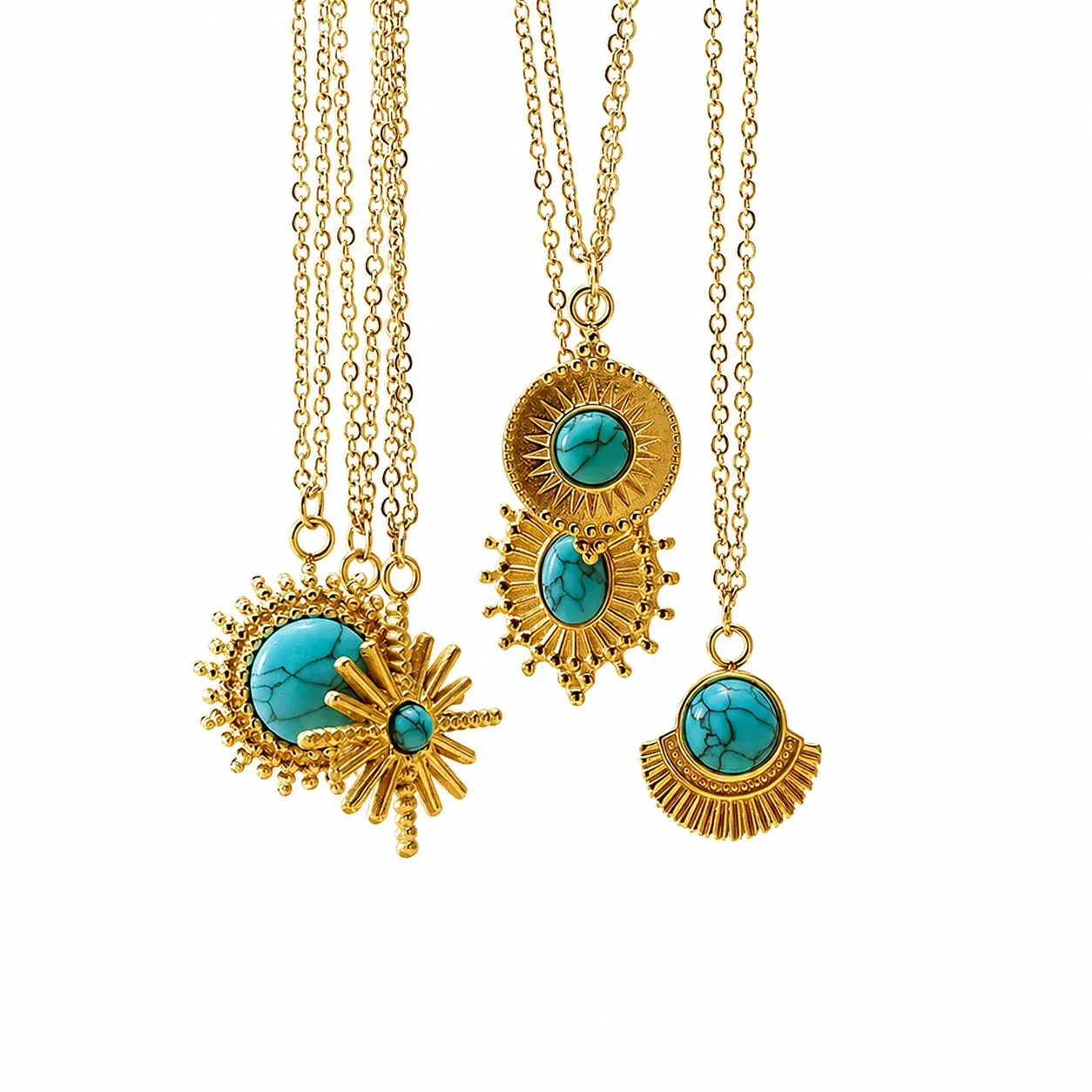 Bohemian Gold-Plated Sunburst Turquoise Pendant Necklace