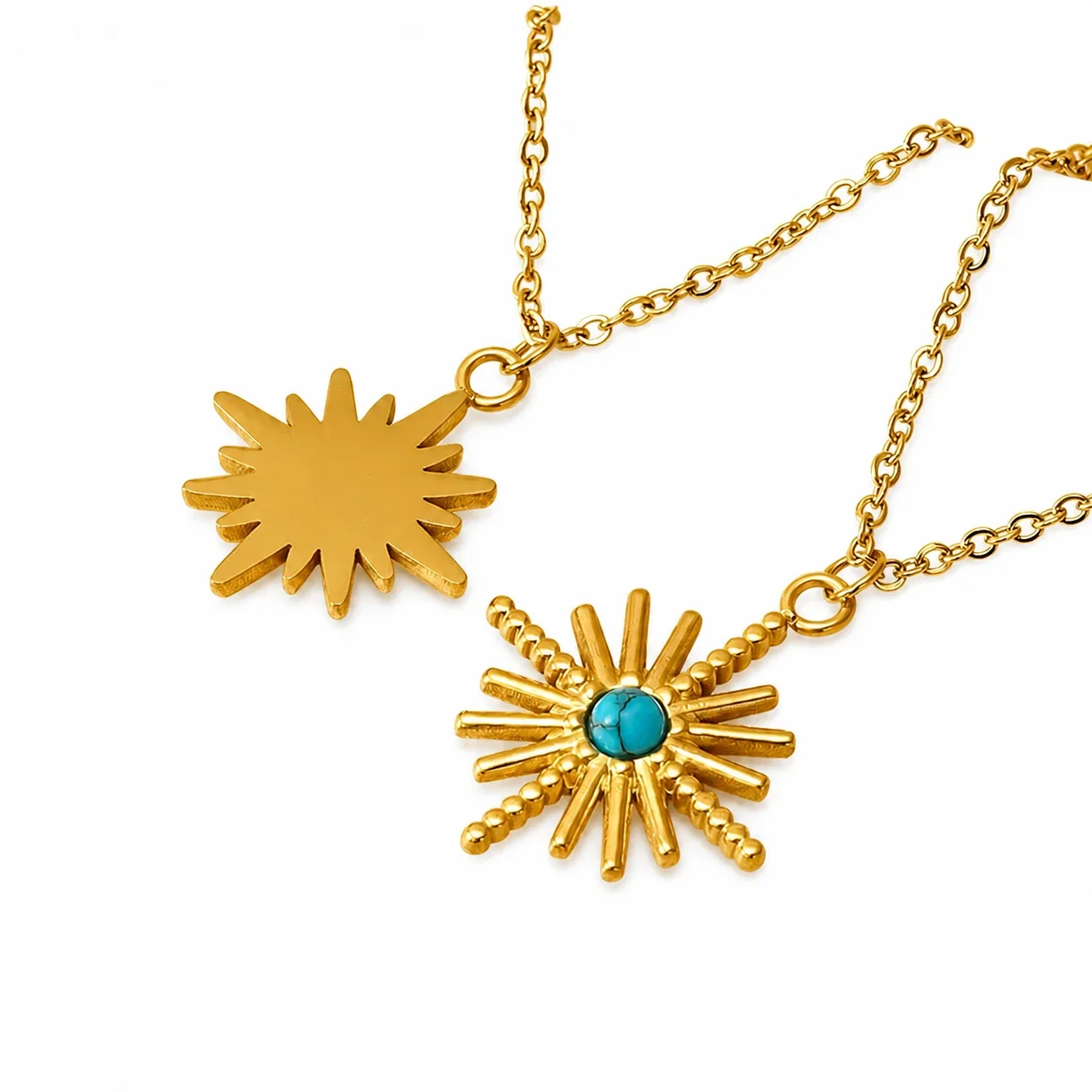 Bohemian Gold-Plated Sunburst Turquoise Pendant Necklace