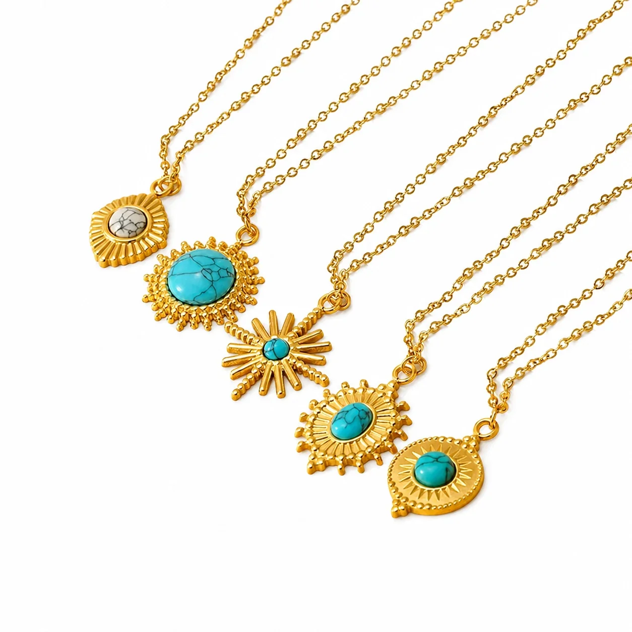 Bohemian Gold-Plated Sunburst Turquoise Pendant Necklace