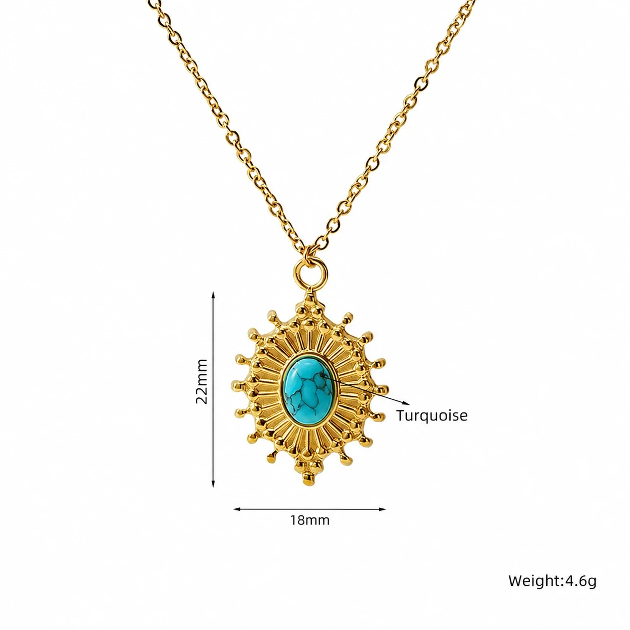 Bohemian Gold-Plated Sunburst Turquoise Pendant Necklace - Gold Turquoise Double Medallion