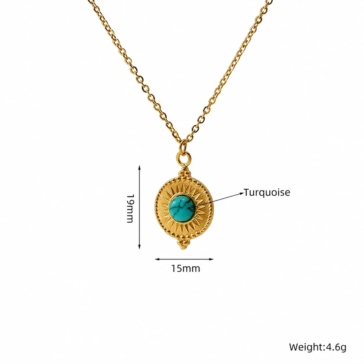 Bohemian Gold-Plated Sunburst Turquoise Pendant Necklace - Gold White Cabochon Medallion