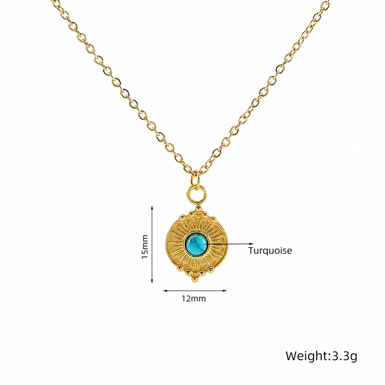 Bohemian Gold-Plated Sunburst Turquoise Pendant Necklace - Gold Turquoise Beaded Halo