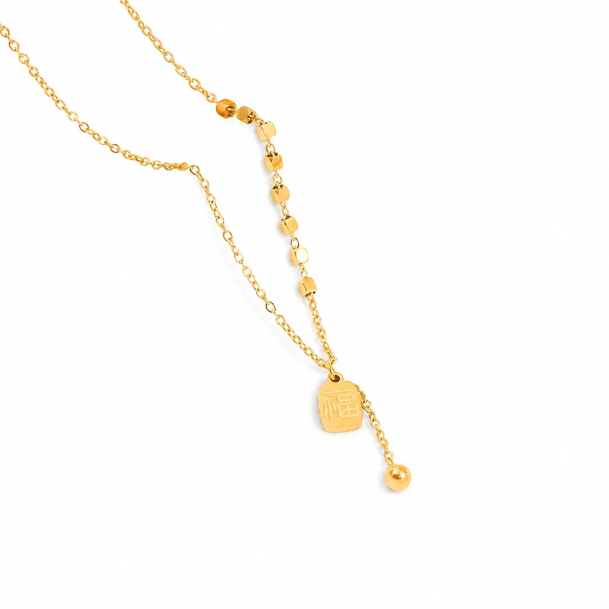 Ornate Gold-Plated Fu Charm Bead Tassel Necklace