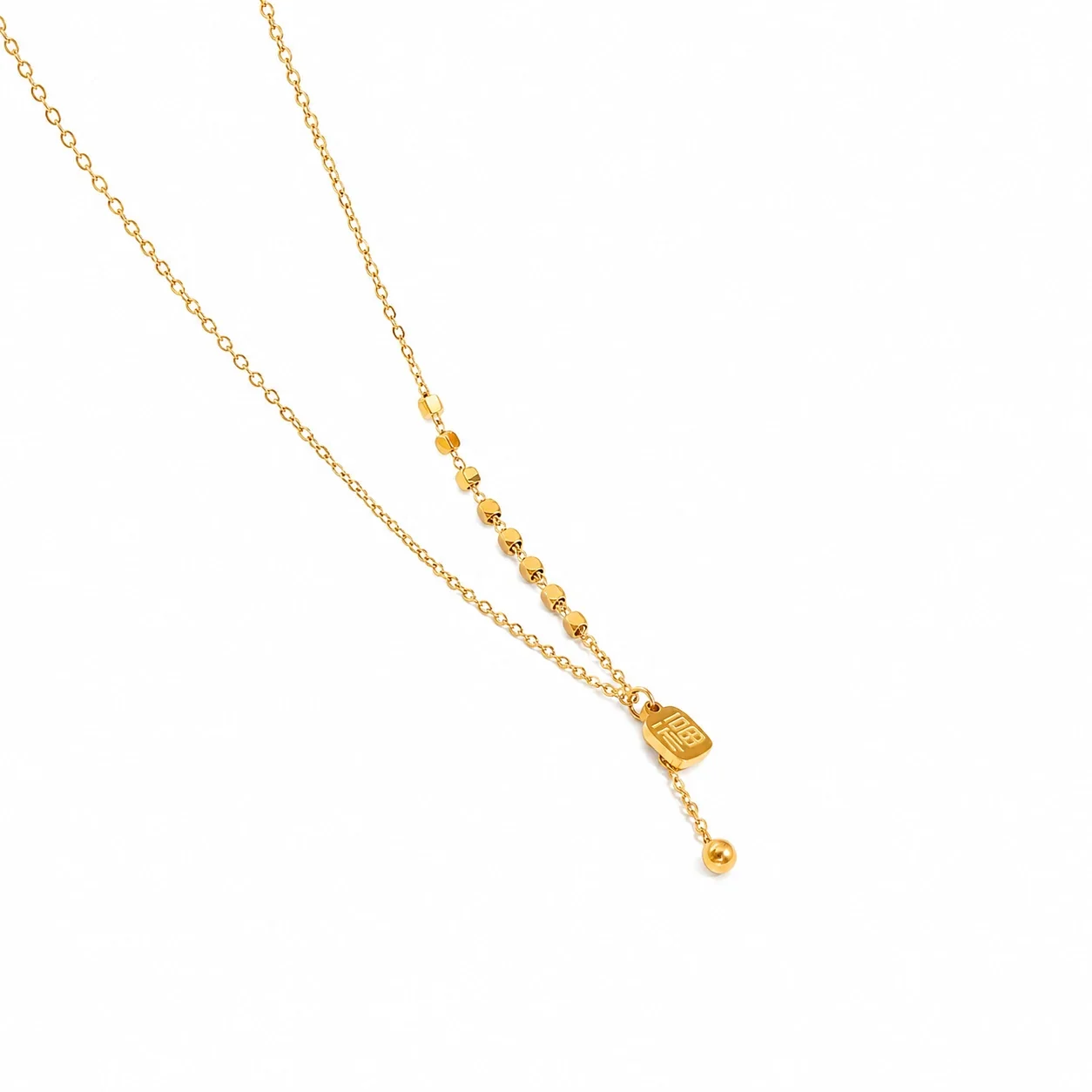 Ornate Gold-Plated Fu Charm Bead Tassel Necklace