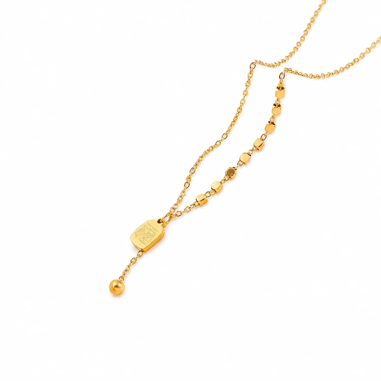 Ornate Gold-Plated Fu Charm Bead Tassel Necklace - Gold