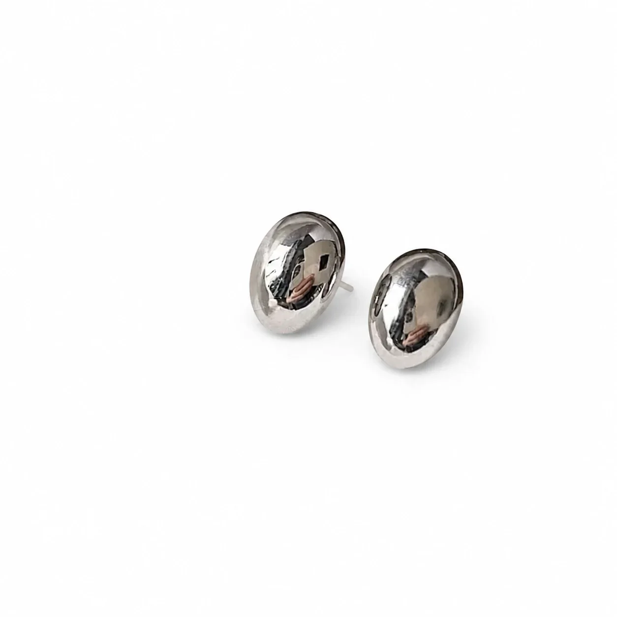 Polished 18K Gold PVD Oval Dome Stud Earrings - Silver