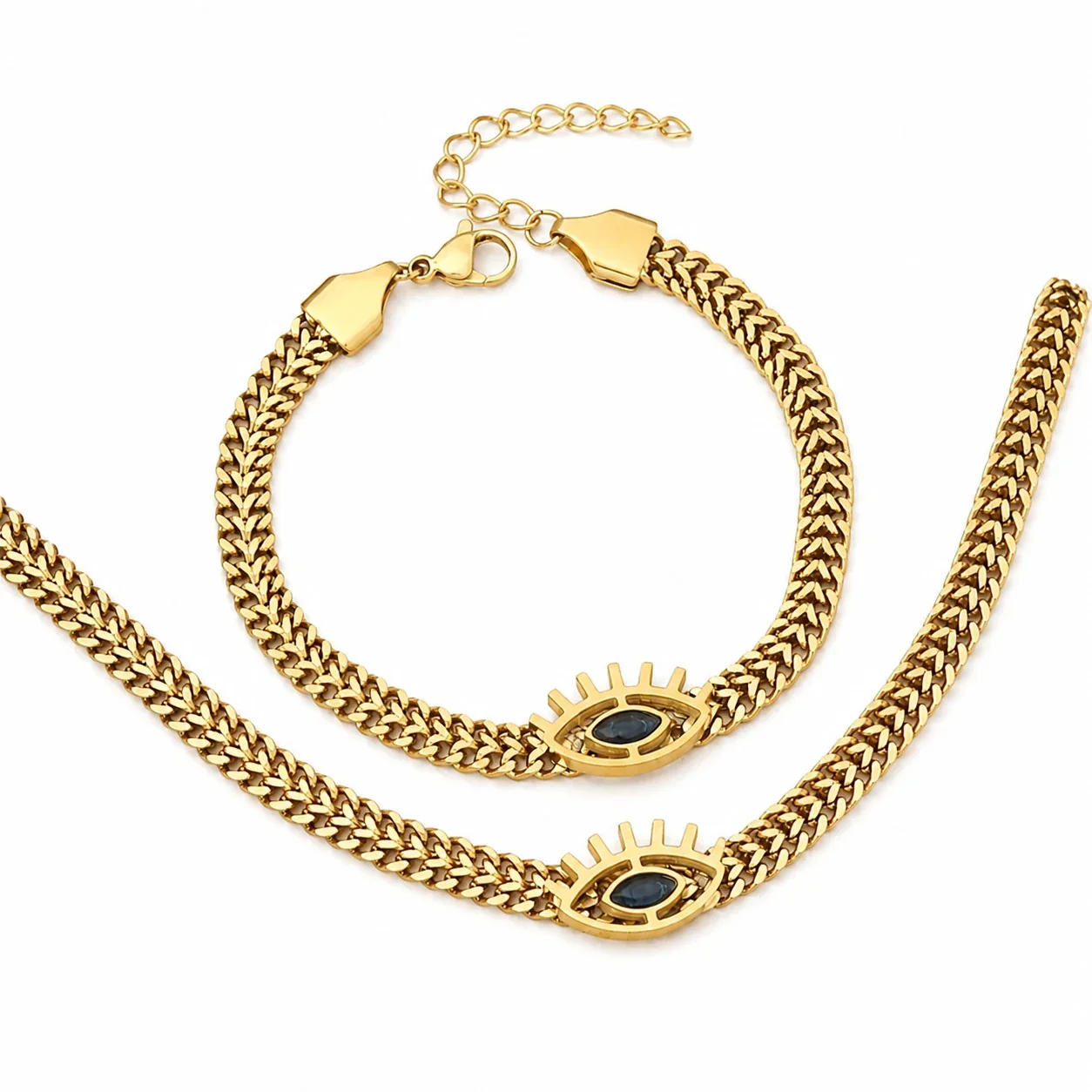 Evil Eye Gold PVD 316 Stainless Steel Wheat Chain Set