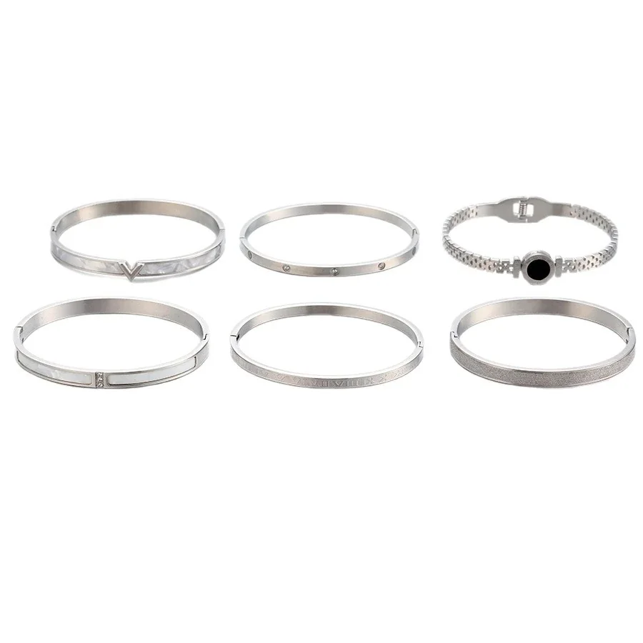Hinged Cuff Bangles with Motif Details, Silver-Plated Steel