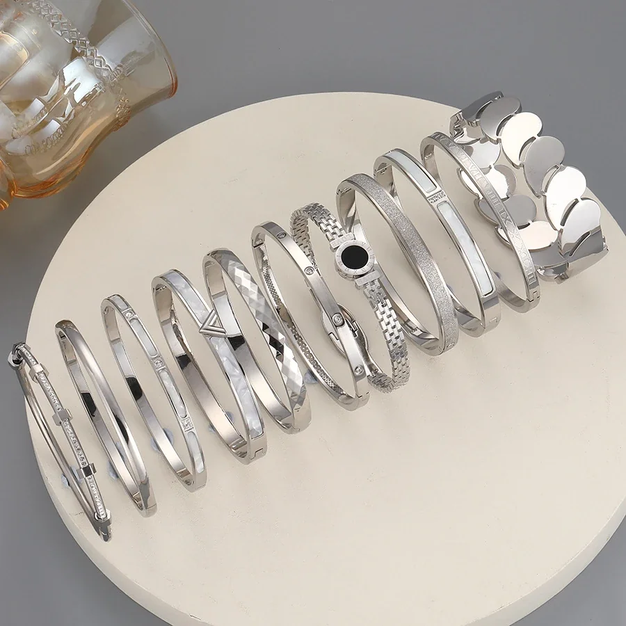 Hinged Cuff Bangles with Motif Details, Silver-Plated Steel