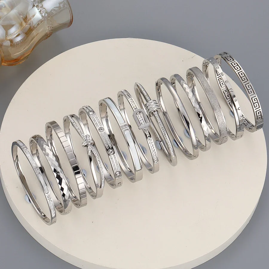 Hinged Cuff Bangles with Motif Details, Silver-Plated Steel
