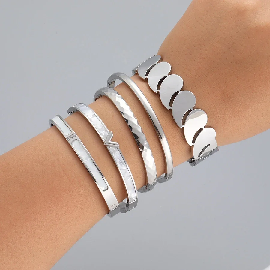 Hinged Cuff Bangles with Motif Details, Silver-Plated Steel