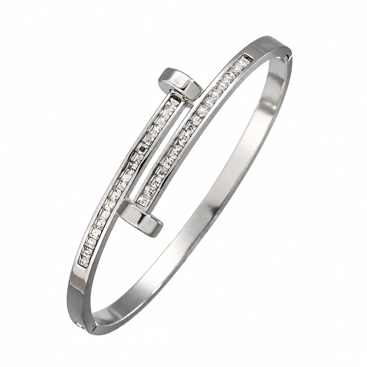Hinged Cuff Bangles with Motif Details, Silver-Plated Steel - Silver Double-Stud