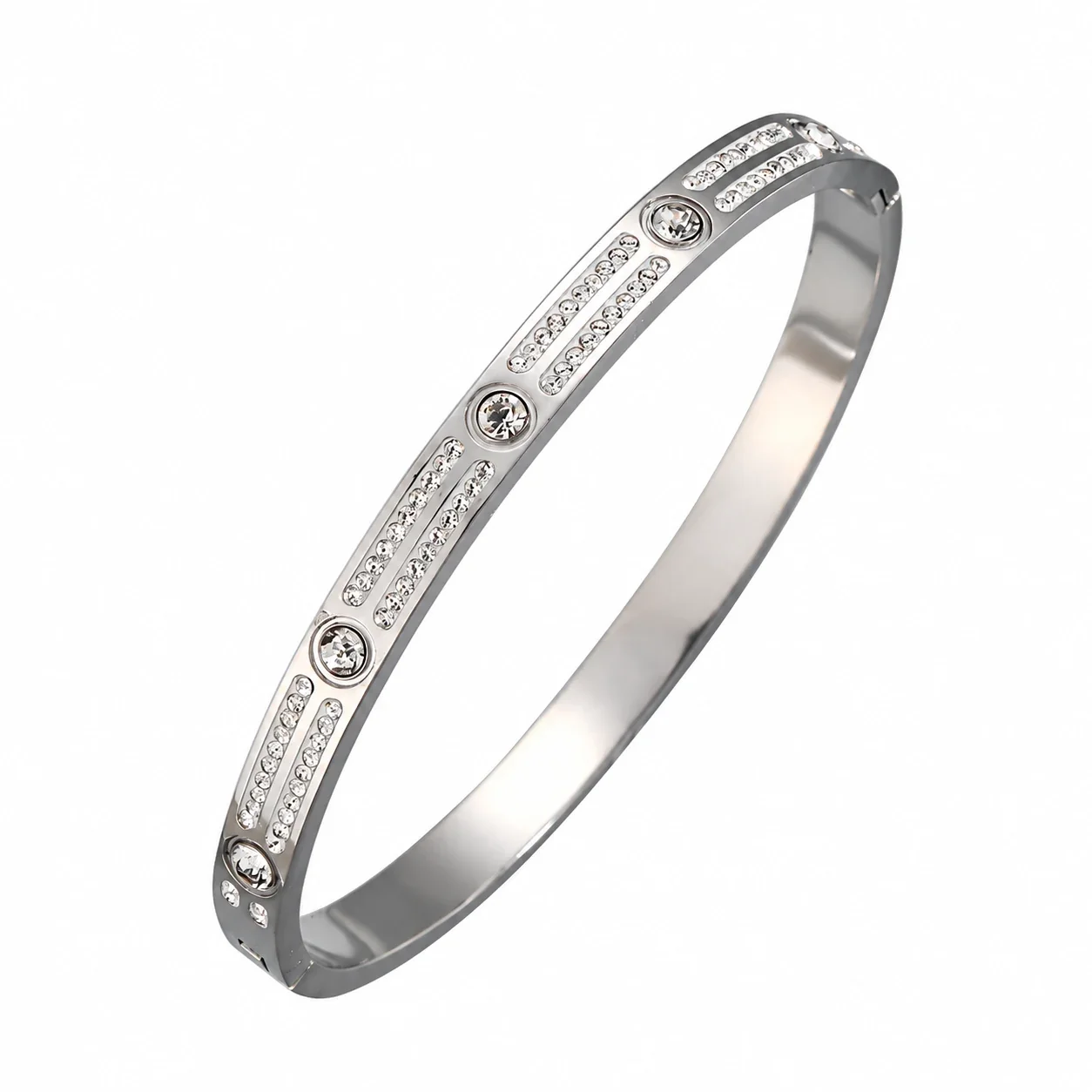 Hinged Cuff Bangles with Motif Details, Silver-Plated Steel - Silver Double-Row Crystal