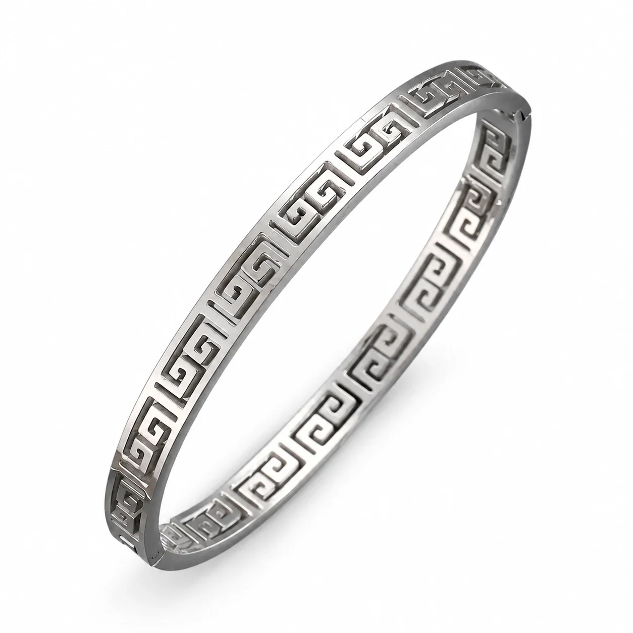 Hinged Cuff Bangles with Motif Details, Silver-Plated Steel - Silver Greek Key