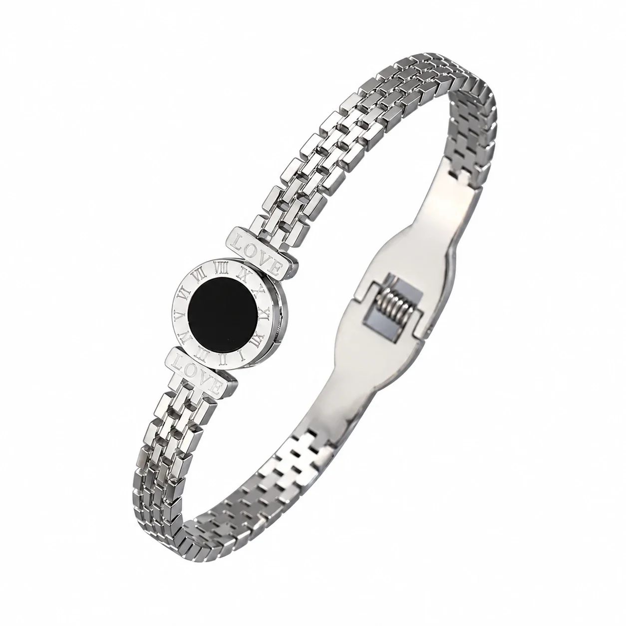 Hinged Cuff Bangles with Motif Details, Silver-Plated Steel - Silver Watchband