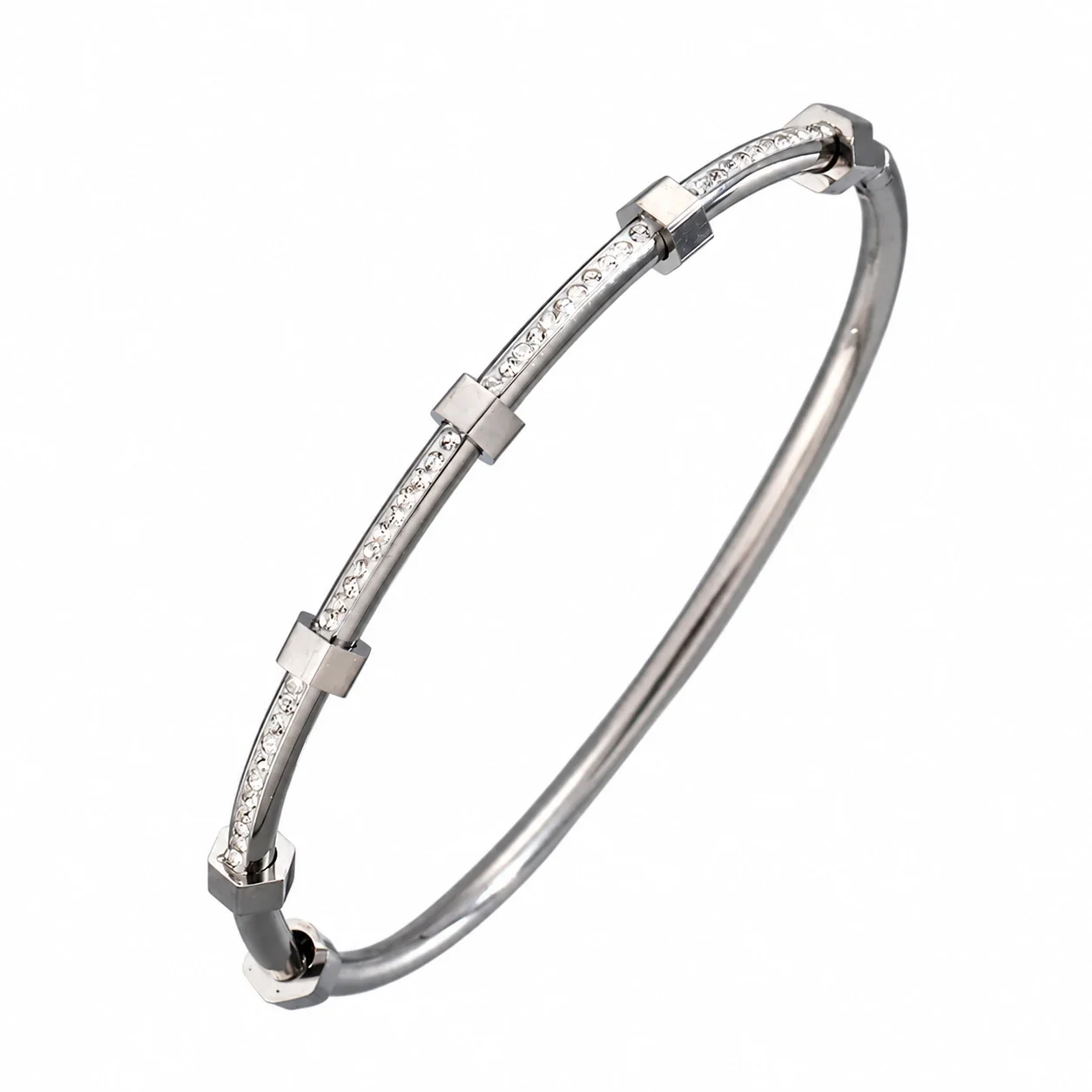 Hinged Cuff Bangles with Motif Details, Silver-Plated Steel - Silver Hex Nut